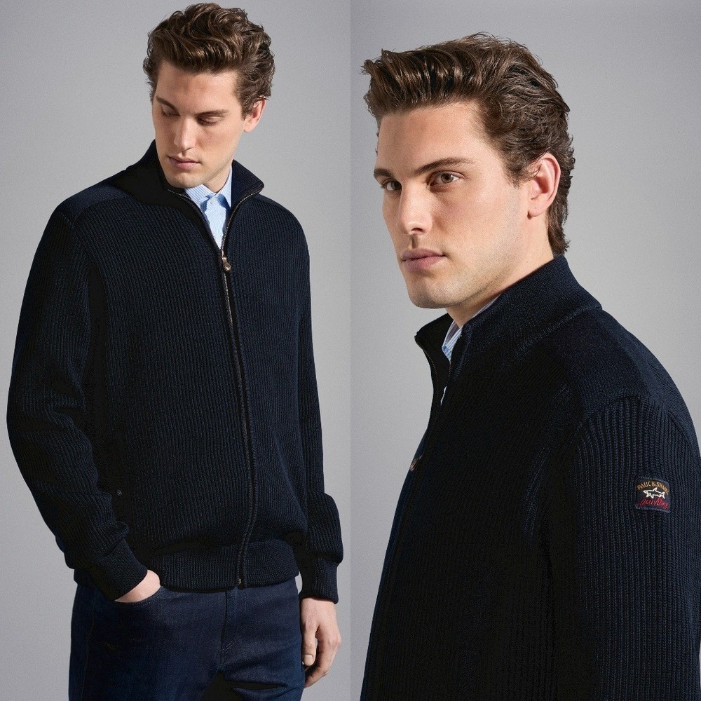 Paul & Shark Navy Wool Full Zip Ribbed Sweater Cardigan Jacket Mens 2XL Nautical